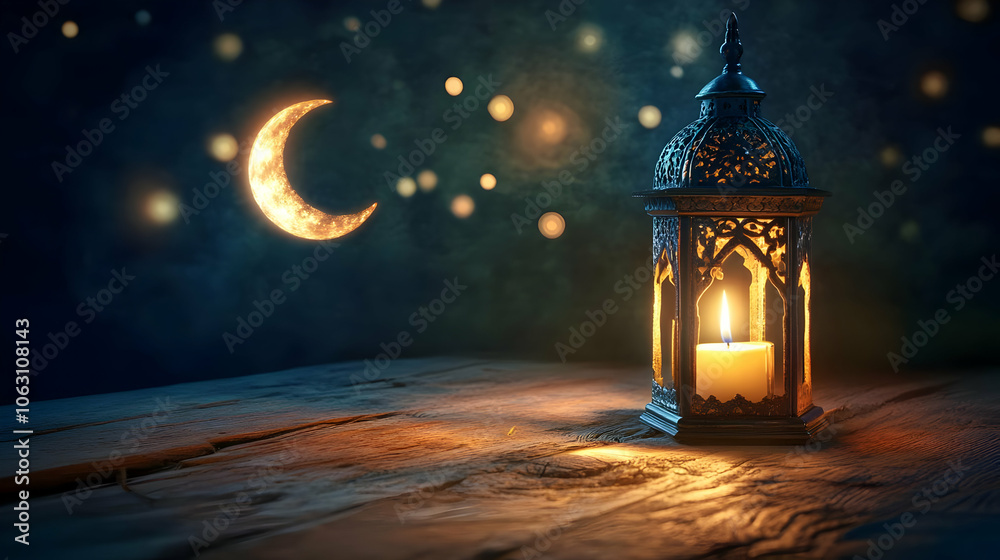 A serene lantern illuminating a dark scene with a crescent moon and soft glowing orbs. AI Image