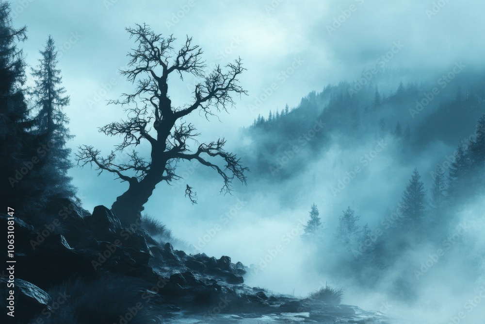 Misty mountain landscape with ancient, gnarled trees silhouetted against the early morning fog, cool blue tones, and the quiet hum of nature filling the atmosphere Misty mountain landscape with ancient, gnarled trees silhouetted against the early morning fog, cool blue tones, and the quiet hum of nature filling the atmosphere