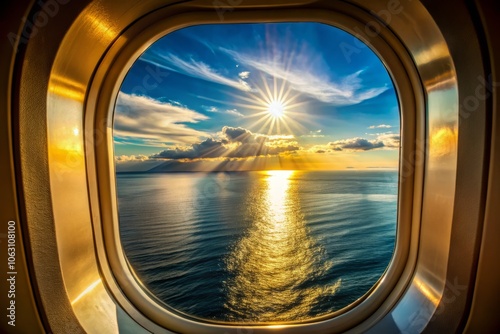 Serene Silhouette of an Airplane Window Framing a Stunning Ocean View Bathed in Golden Sunshine, Capturing the Beauty and Tranquility of Travel Above the Waves