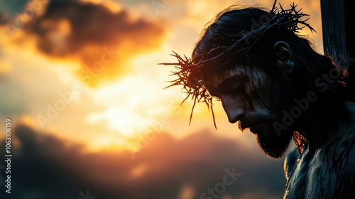 Close-up of the silhouette of Jesus Christ on the cross, focusing on His face and crown of thorns, with the sky in the background darkening. The moment of sacrifice and pain, highlighting the