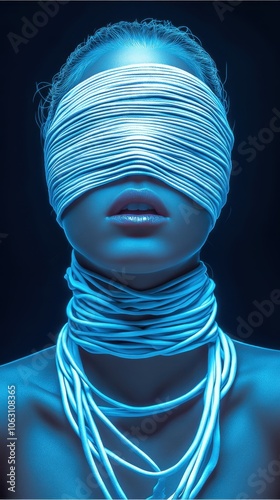 Woman Blindfolded with Blue Cords 