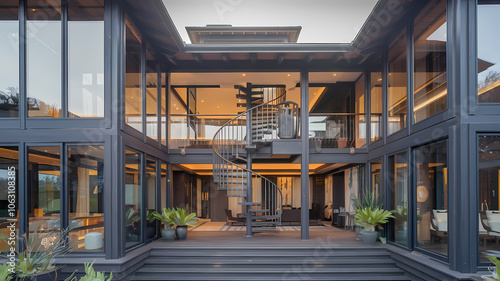 Modern architectural design featuring a spacious home with large glass windows, a spiral staircase, and a contemporary outdoor living space surrounded by greenery. Perfect for relaxation.