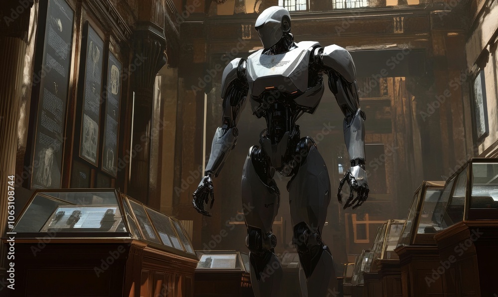 Robot stands in a museum with glass display cases. Robot stands in a museum with glass display cases.