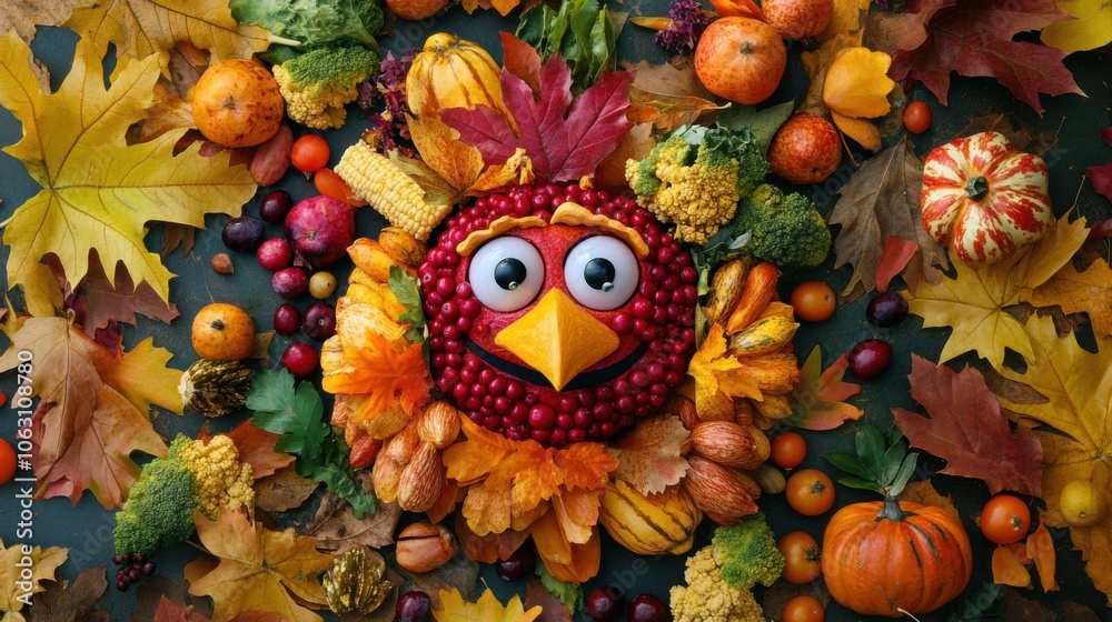 Thanksgiving turkey with a whimsical design featuring a smiling cranberry face, presented in an overhead view, surrounded by autumn leaves and colorful vegetables. Thanksgiving turkey with a whimsical design featuring a smiling cranberry face, presented in an overhead view, surrounded by autumn leaves and colorful vegetables.