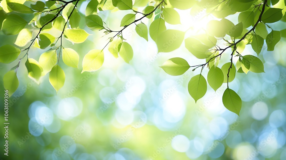 Green leaves on a tree branch with a blurry background of green and blue. Green leaves on a tree branch with a blurry background of green and blue.