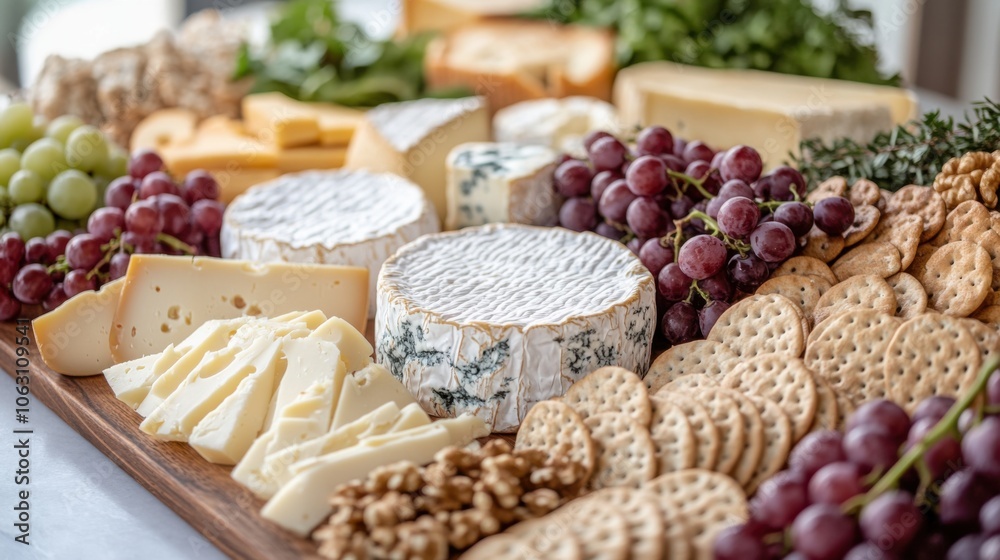 A wooden board with a variety of cheese, crackers, grapes, and nuts. A wooden board with a variety of cheese, crackers, grapes, and nuts.