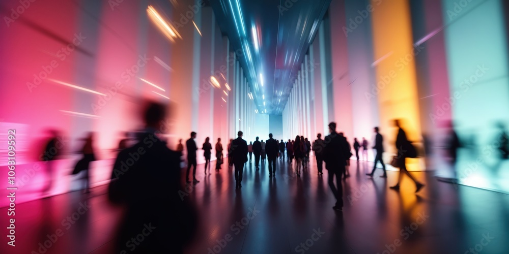 Obraz premium Abstract City Life: Silhouetted Crowds & Geometric Architecture