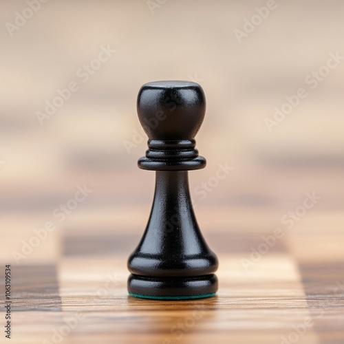 A solitary black pawn chess piece on a wooden chessboard. photo