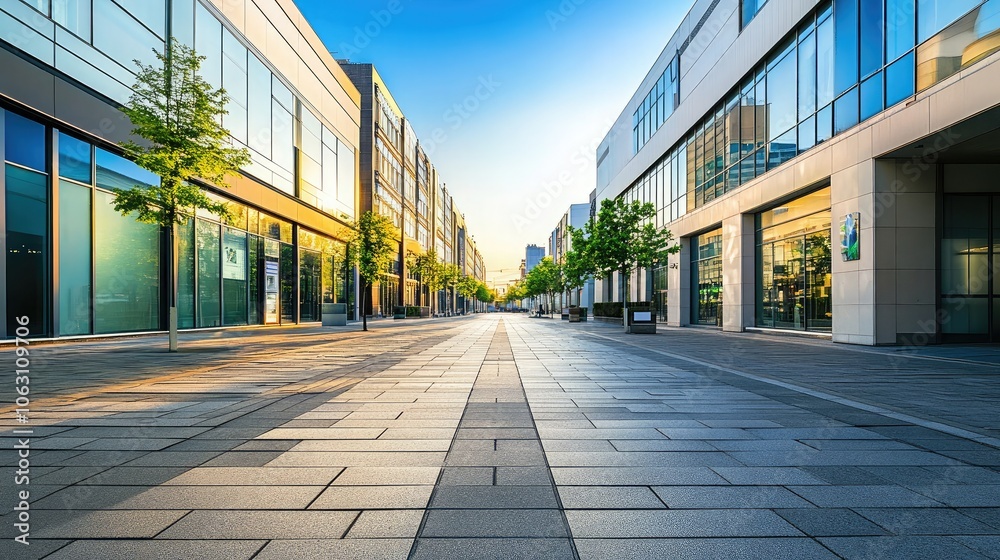 Modern Urban Street at Sunrise with Clear Blue Sky Modern Urban Street at Sunrise with Clear Blue Sky