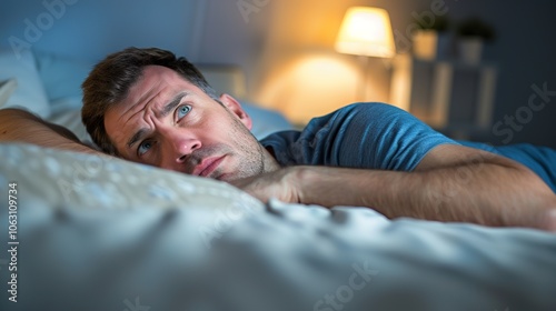 Man lying in bed with wide-open eyes, showing deep concern and fatigue, unable to sleep in dimly lit room with soft glow from nightstand lamp.