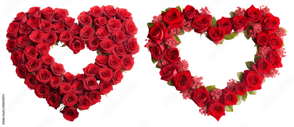Set of two heart shaped wreaths made of red roses, symbolizing love and affection. Perfect for romantic occasions and celebrations, transparent background PNG cutout. Set of two heart shaped wreaths made of red roses, symbolizing love and affection. Perfect for romantic occasions and celebrations, transparent background PNG cutout.