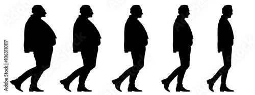 Conceptual fat overweight obese man vs slim fit healthy body after weight loss or diet, white background banner. A  fitness, nutrition or obesity, health care shape illustration vector as silhouettes