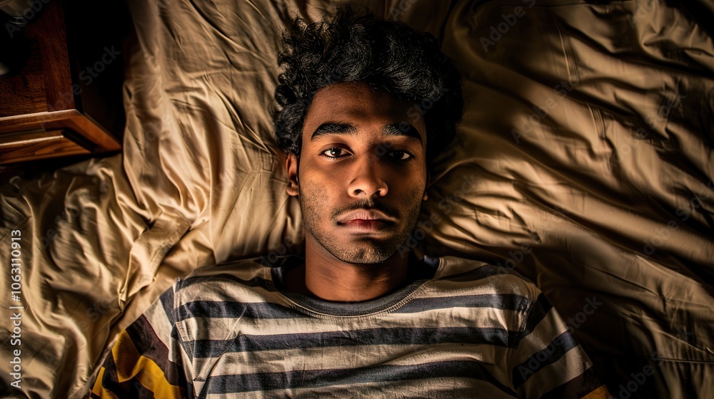 Man lying in bed with wide-open eyes, showing deep concern and fatigue, unable to sleep in dimly lit room with soft glow from nightstand lamp. Man lying in bed with wide-open eyes, showing deep concern and fatigue, unable to sleep in dimly lit room with soft glow from nightstand lamp.