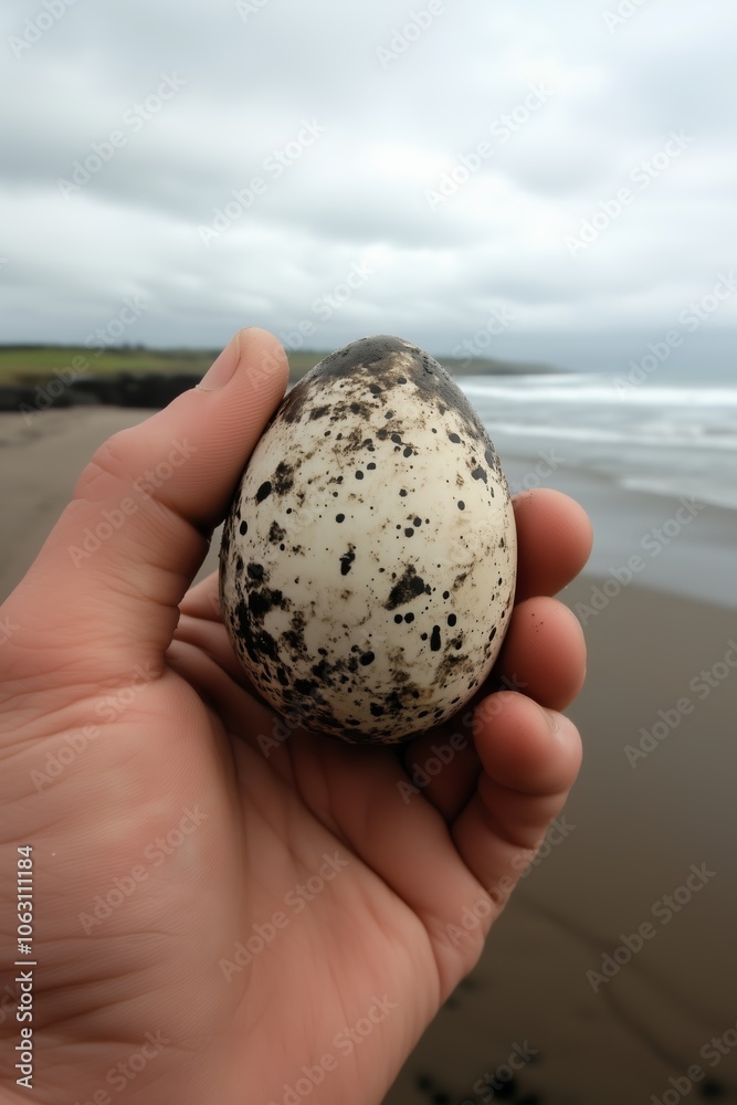 Person holding a speckled egg against a coastal background with clouds and waves on a cloudy day Person holding a speckled egg against a coastal background with clouds and waves on a cloudy day