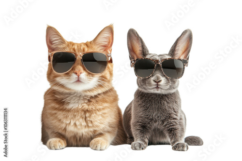 Cool cat and bunny in sunglasses, isolated on transparent background