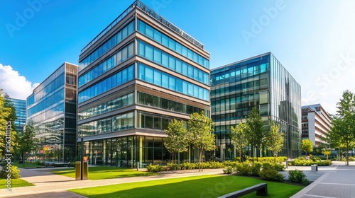 Modern Office Buildings Under Clear Blue Sky