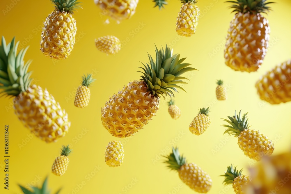 Floating pineapples on yellow background Floating pineapples on yellow background
