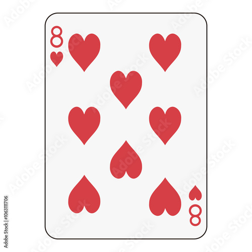 Eight of hearts playing card, classic red heart design with clean layout.
