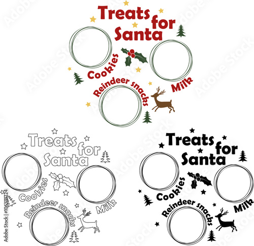 Festive Santa themed tray and plate design vector illustration for serving snacks and treats for the holiday season. Christmas elements for xmas banners, posters, postcards.