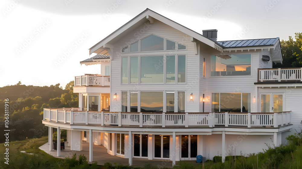 Fototapeta premium Stunning modern white house with large windows and balconies, set against a serene landscape, showcasing contemporary architecture and sunset lighting. Perfect for luxury home inspiration.