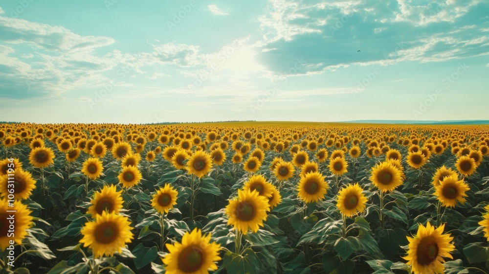 Fototapeta premium An aerial view of a sprawling field of sunflowers, their