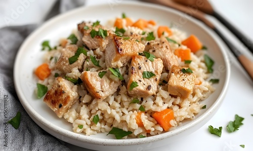 Pilaf With Pork Garlic And Carrot Wooden Spoon, Generative AI