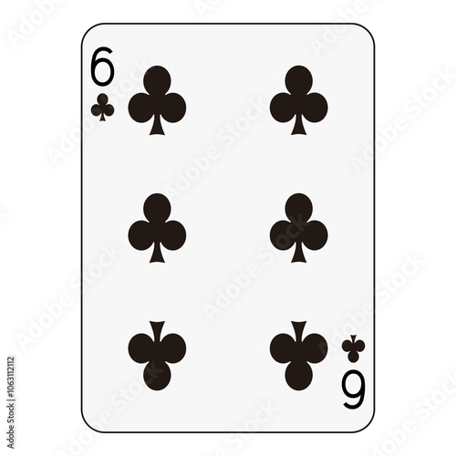 Six of clubs playing card, traditional black clubs design in classic layout.
