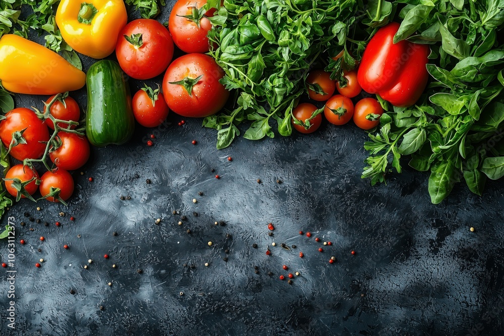 Fresh vegetables with water droplets, arranged on dark surface. Fresh vegetables with water droplets, arranged on dark surface.