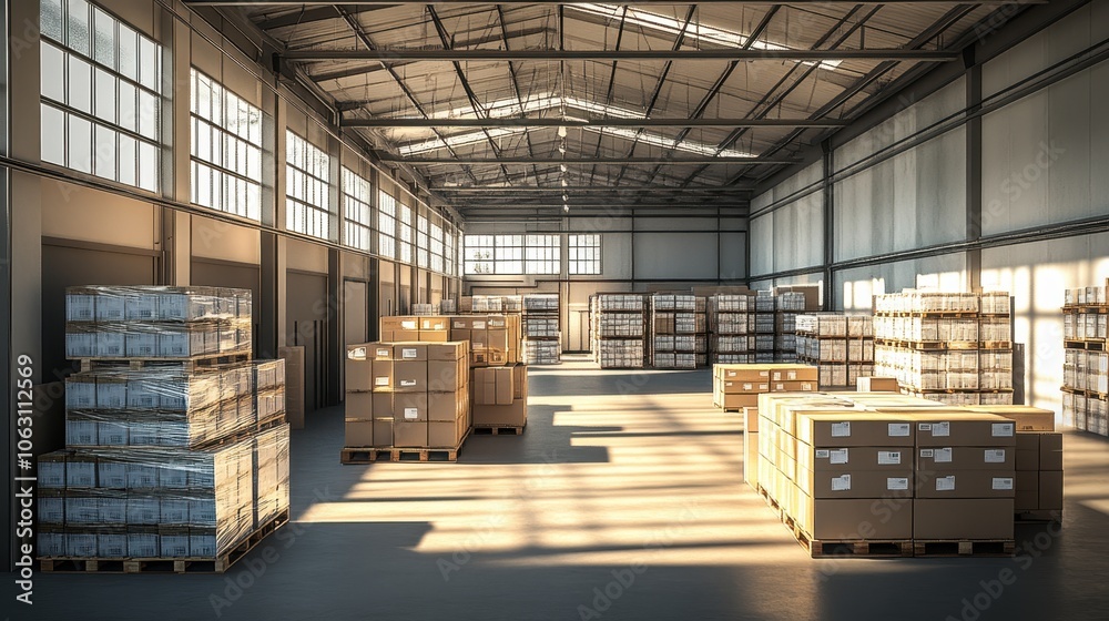 Warehouse with stacked boxes and sunlight Warehouse with stacked boxes and sunlight