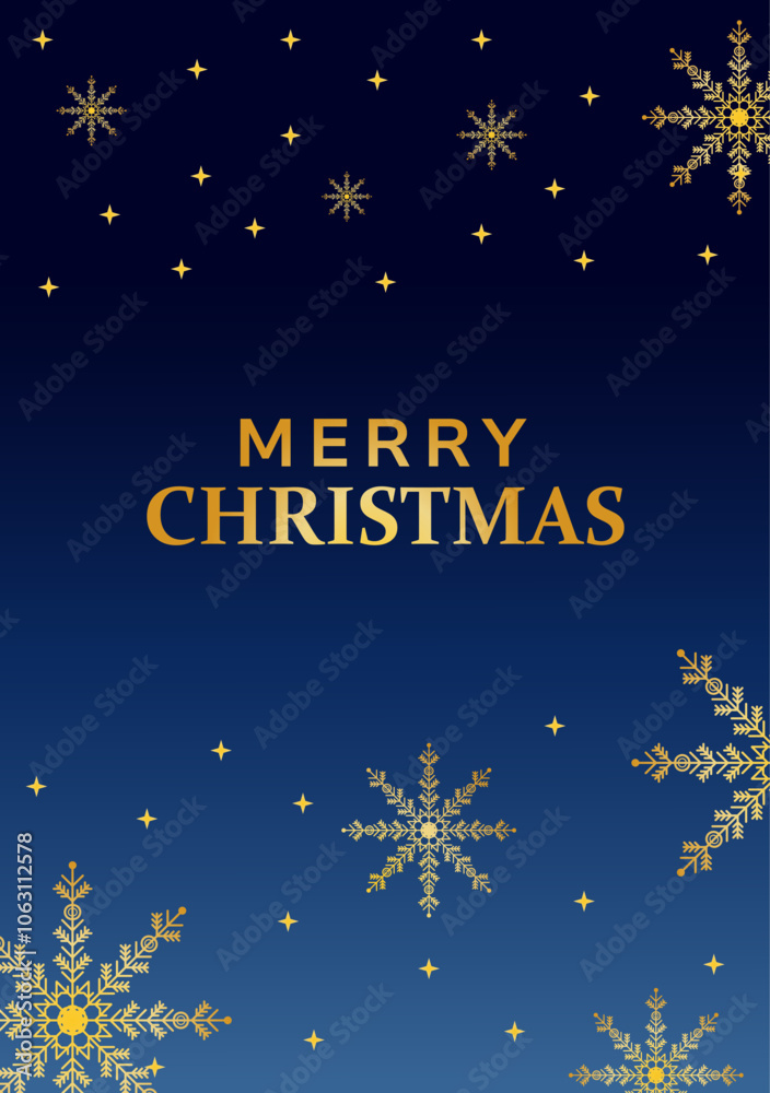 Fototapeta premium Traditional Christmas Holiday card with gold snowflakes on navy blue background and copy space for weddings, parties, corporate gatherings, online promotions, flyers, posters.