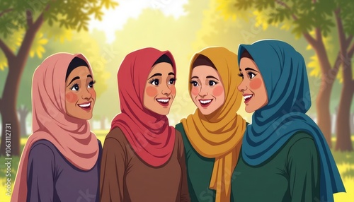Four cheerful Muslim women in colorful hijabs laughing together in a sunny outdoor setting