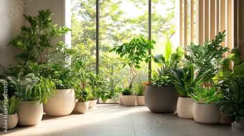 An artistic arrangement of various potted plants in a modern indoor