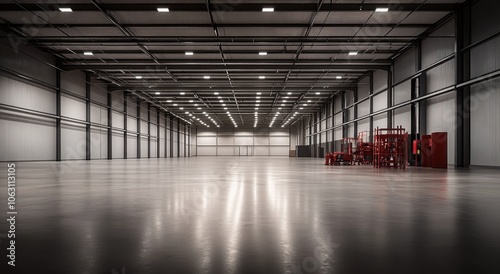 Empty warehouse interior with red objects 