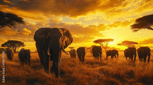 Elephants in savanna at sunset 