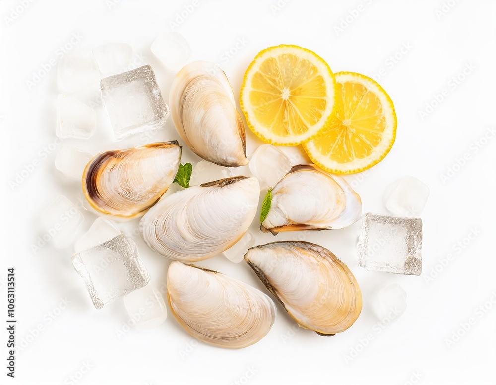 Fresh clams with ice cubes and lemon slices on white background