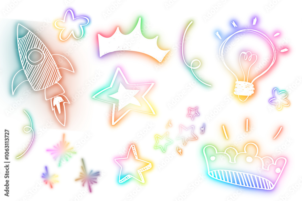 Obraz premium Png colorful doodle glow neon icon element set