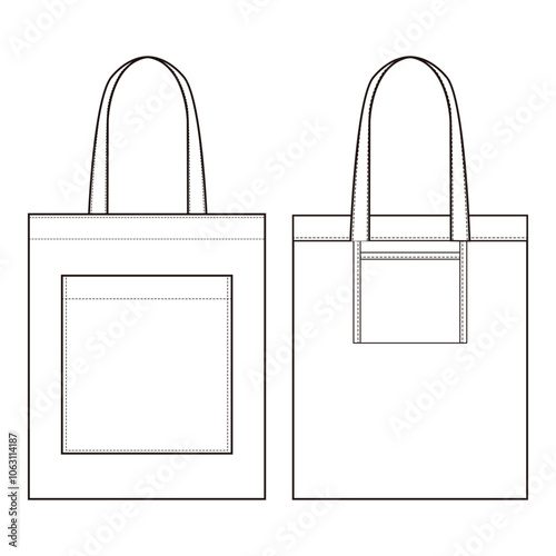 Minimalist outline of a tote bag with front pocket, clean and simple design.
