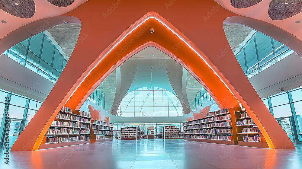 Fototapeta premium Modern library interior featuring unique architectural design and bookshelves. AI Image