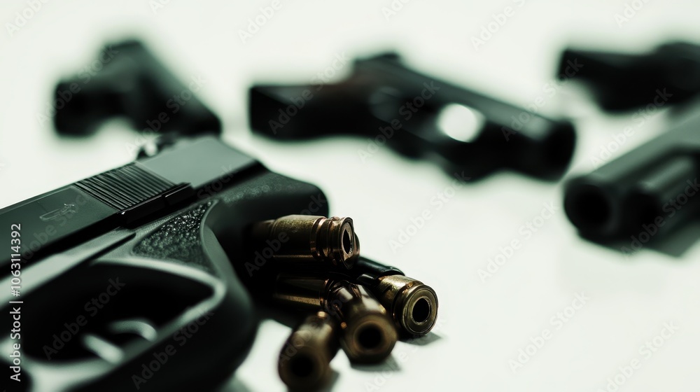 Two handguns with bullets close-up Two handguns with bullets close-up