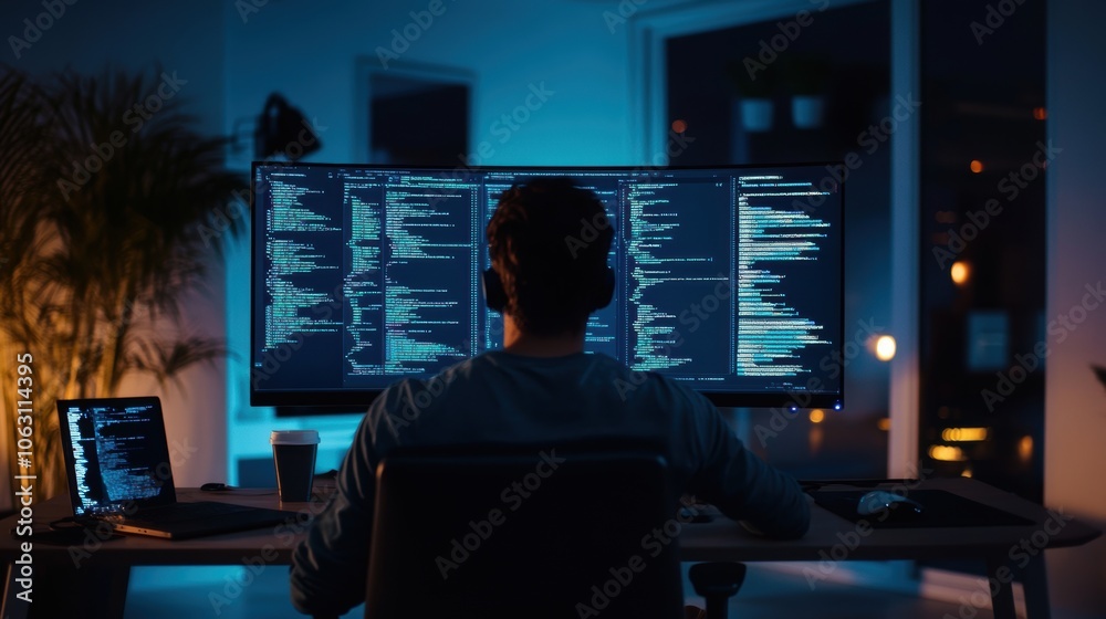 Nighttime Coding Session: A Programmer Fully Immersed in a Minimalist Studio Environment Nighttime Coding Session: A Programmer Fully Immersed in a Minimalist Studio Environment