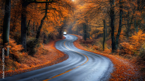 A Scenic Road Winding Through Autumn-Colored Trees, with a Car Driving Amidst Golden Fall Foliage 