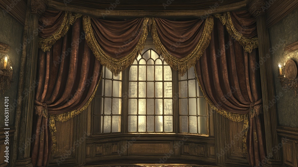 Elegant Window Drapery in Ornate Room Setting Elegant Window Drapery in Ornate Room Setting