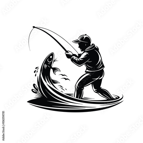 jumping fishing silhouette vector with white back