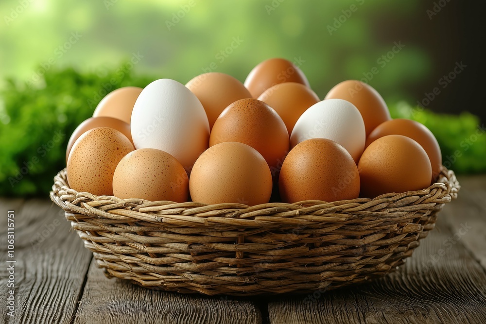 Assorted eggs in a woven basket on a wooden table. Assorted eggs in a woven basket on a wooden table.