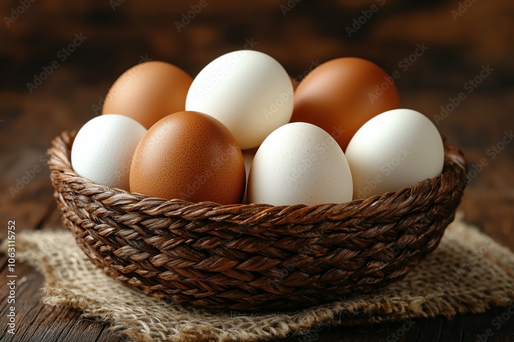 Assorted eggs in a woven basket on a wooden table. Assorted eggs in a woven basket on a wooden table.