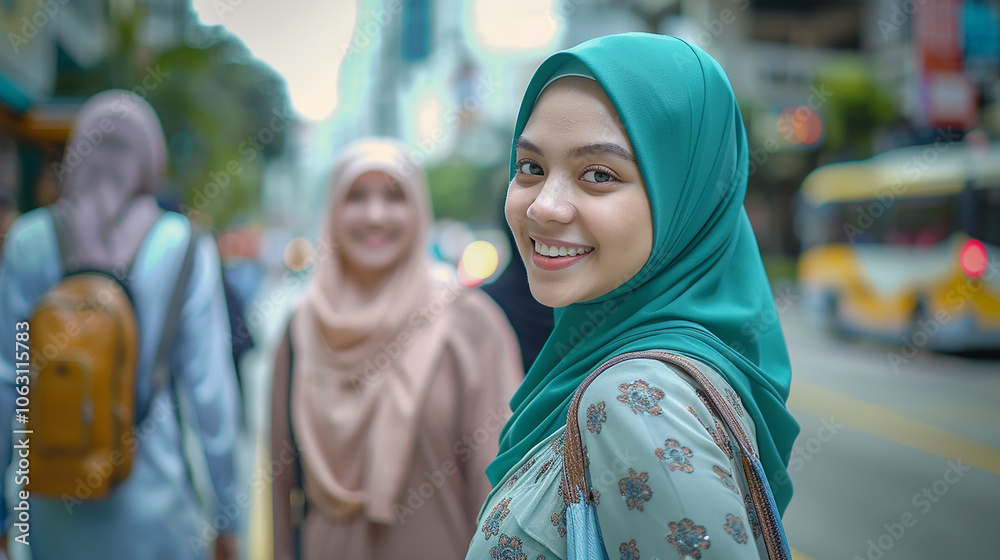 Malay young business women and men wearing hijab stand and smile on the street