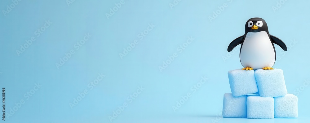 Obraz premium Cute penguin balancing on top of an ice cube tower, slightly slipping but steady, penguin ice cubes