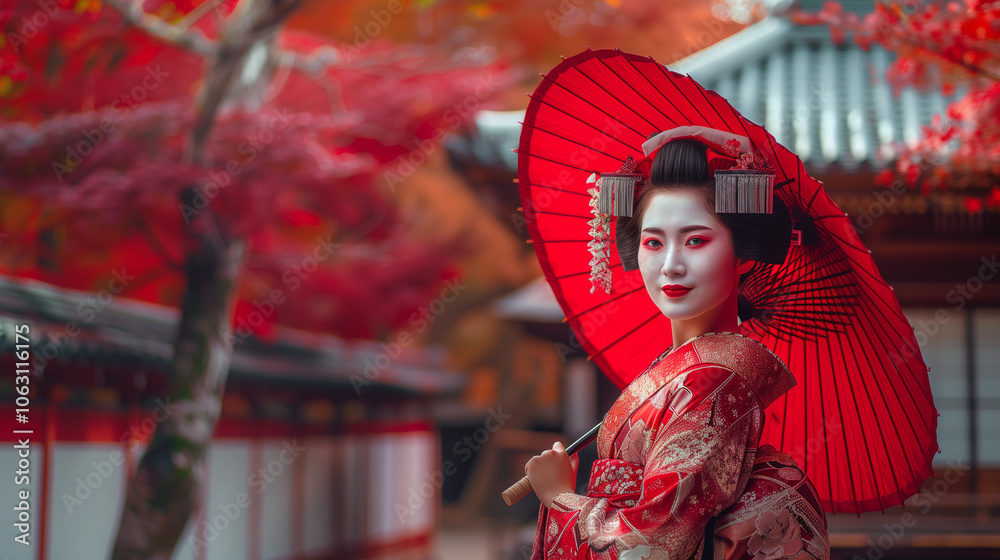A graceful woman in traditional attire holds a vibrant red umbrella amidst autumn foliage A graceful woman in traditional attire holds a vibrant red umbrella amidst autumn foliage