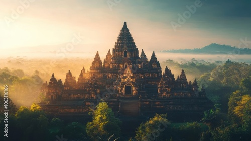 An expansive shot of a majestic ancient temple with ornate