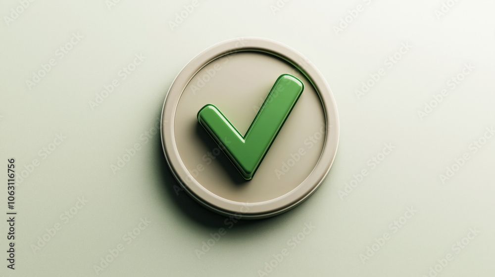 3D green check mark symbol on a circular beige button with textured light green background, representing approval or confirmation. 3D green check mark symbol on a circular beige button with textured light green background, representing approval or confirmation.